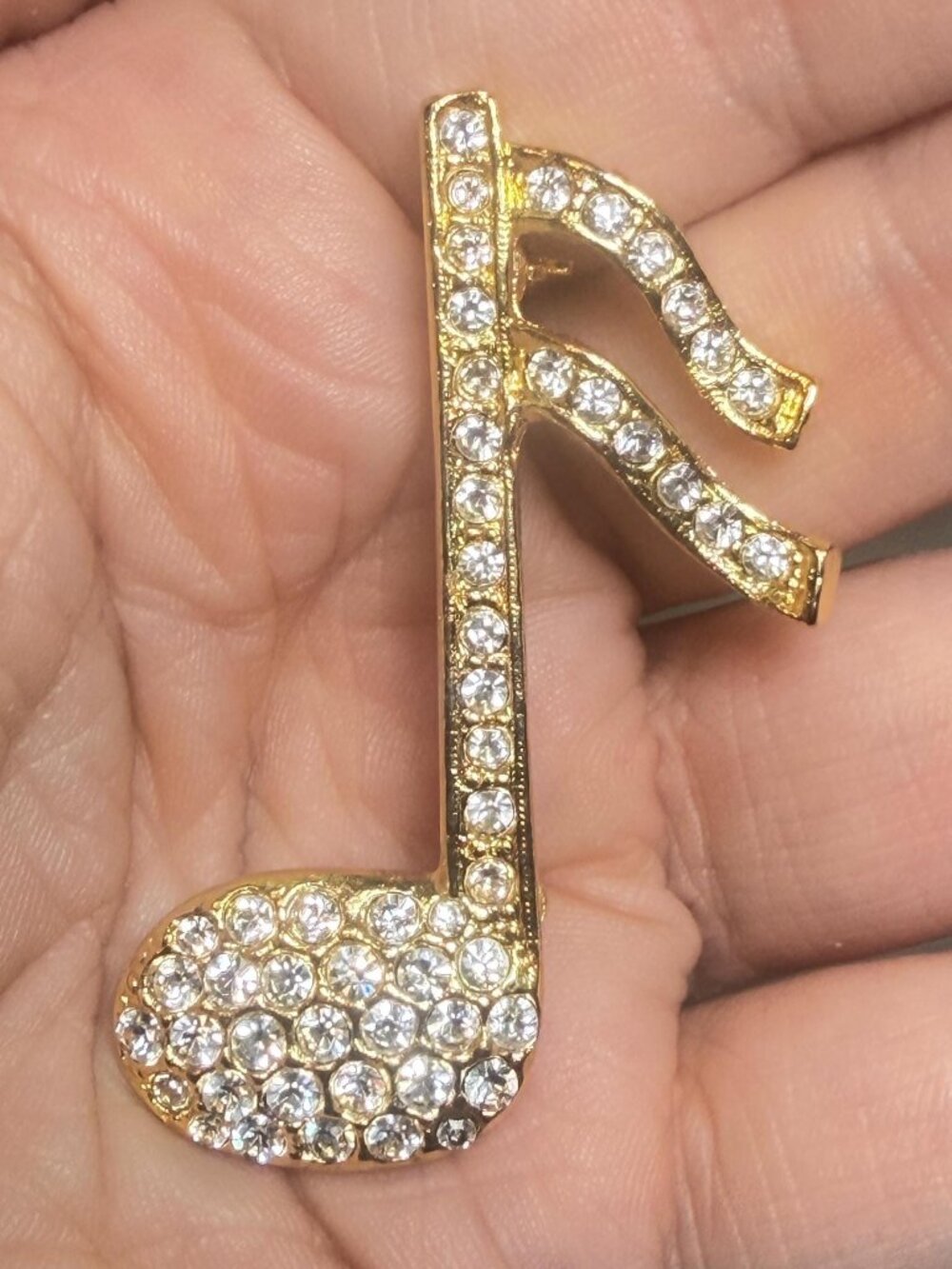 Music Note Vintage Rhinestone Brooch Gold Tone Musical Pin 2"
